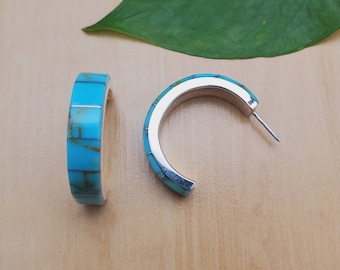 Lovely Kingman Turquoise Hoop Earrings | Turquoise Post Earrings | Sterling Silver Hoop Earrings | Turquoise Inlay Hoop | Dainty Earrings