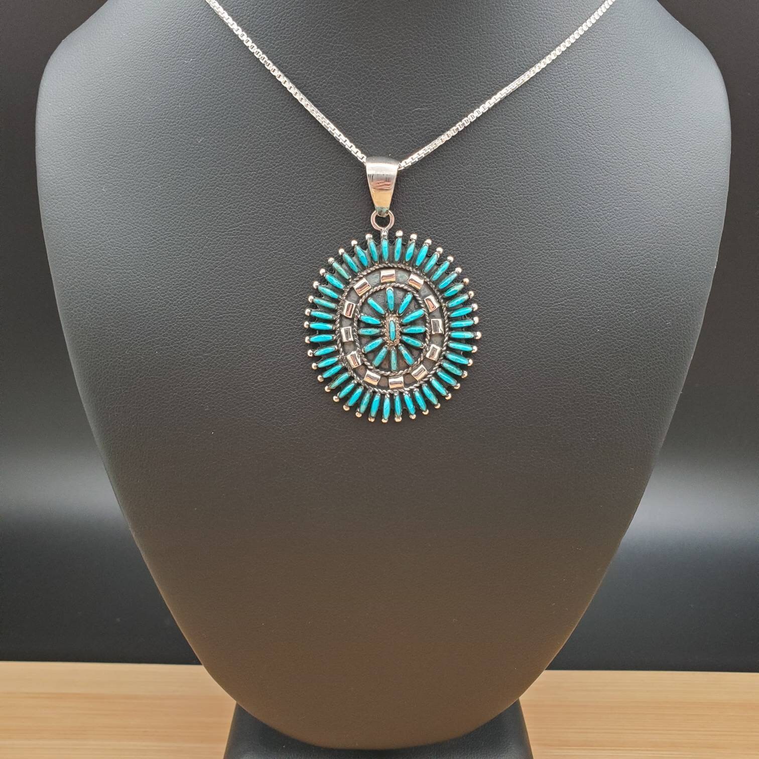 925forher Large Zuni Petit Point Turquoise Necklace Pendant