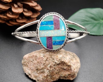 Lovely Multicolor Bracelet Cuff | Inlay Multicolor Southwest Cuff Bracelet | Sterling Silver Inlay Bracelet | Big Inlay Southwestern Jewelry