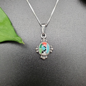 Cute Multicolor Inlay Necklace Pendant With Silver Chain | Sterling Silver Multicolor Necklace | Small Multicolor Pendant | Made in USA