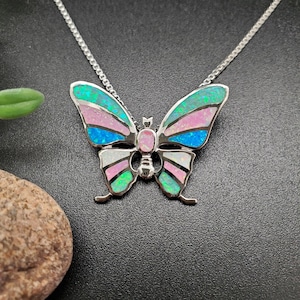 TULU #105 | Dainty Multicolor Opal Inlay Butterfly Pendant With Silver 925 Chain | Colorful Sterling Silver Opal Butterfly Pendant Necklace
