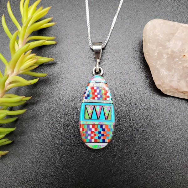 TT #16 Multicolor Inlay Necklace Pendant With Silver Box Chain | Sterling Silver Southwestern Inlay Pendant | Unique One of a Kind Pendant