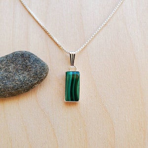 925ForHer Long Rectangle Malachite Necklace Pendant With Silver Box Chain Necklace 16" | Sterling Silver Malachite Necklace| Simple Necklace