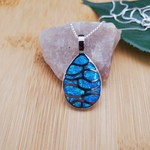 Lovely Teardrop Blue Opal Inlay Necklace Pendant with Silver Chain 18 | Sterling Silver Blue Opal Pendant | Dainty Blue Southwest Pendant