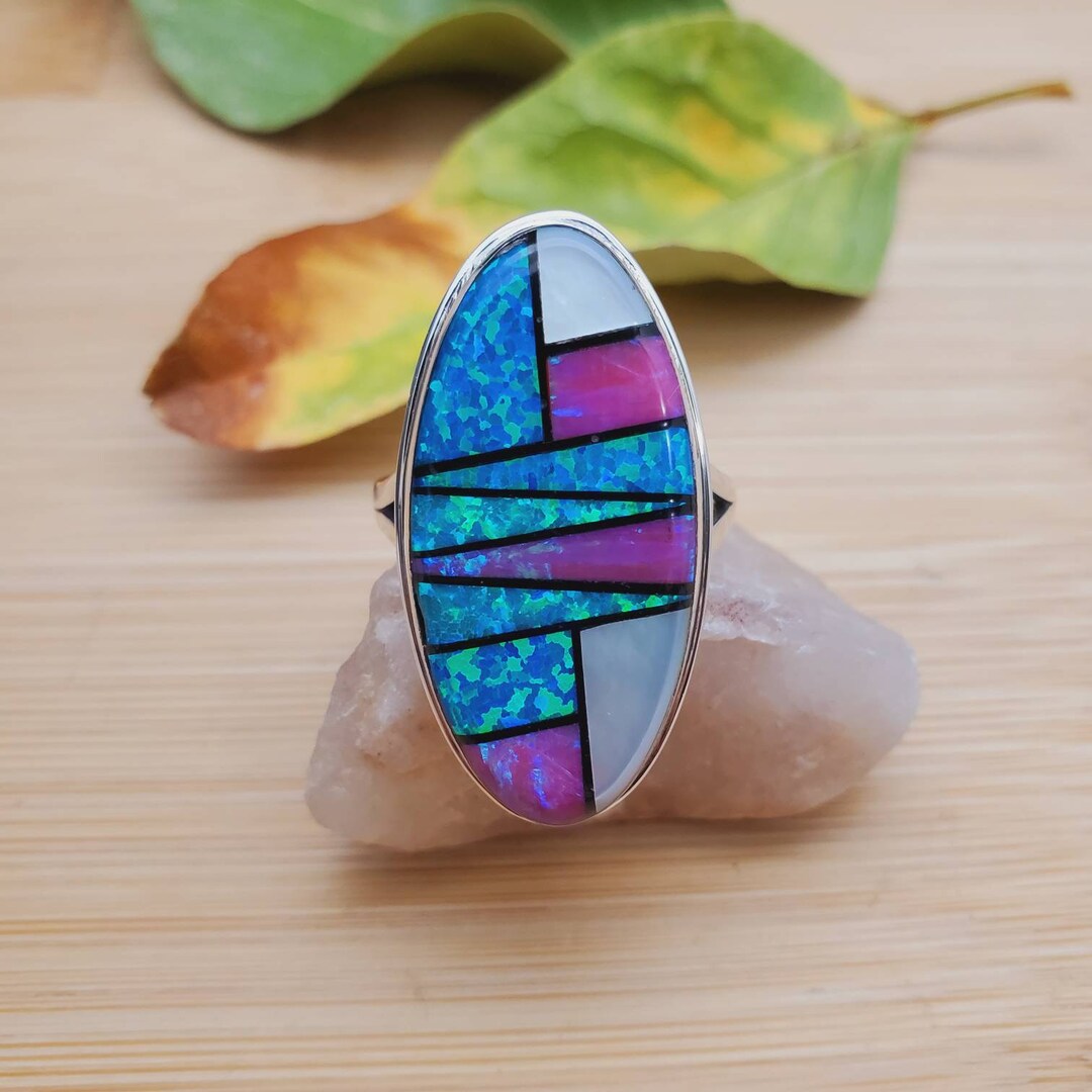 Lovely Mother of Pearl, Opal Inlay Ring Southwest Ring Statement Ring