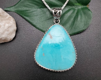 SC#05 Big Turquoise Necklace Pendant With Silver Chain | Sterling Silver Turquoise Pendant | Southwestern Turquoise Jewelry | Simple Pendant