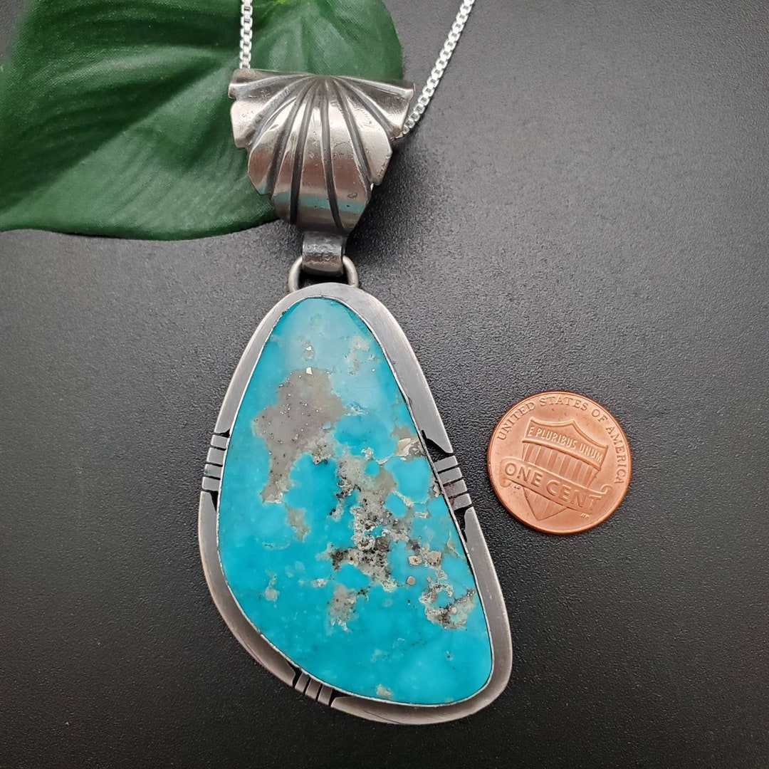 SFH #19 | Big Kingman Turquoise Necklace Pendant With Silver Chain ...