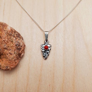 925ForHer Small Arrowhead Necklace Pendant With Silver Chain Necklace 16&quot; | Sterling Silver Necklace | Tiny Red Coral Arrowhead Necklace