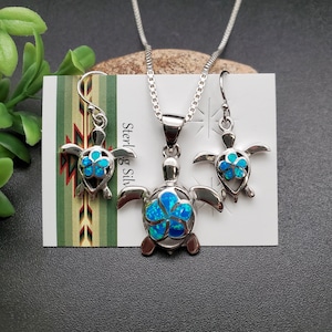 TULU #148 | Dainty Blue Opal Sea Turtle Necklace Pendant, Turtle Earrings Set | Sterling Silver Blue Opal Jewelry | Blue Opal Jewelry Set