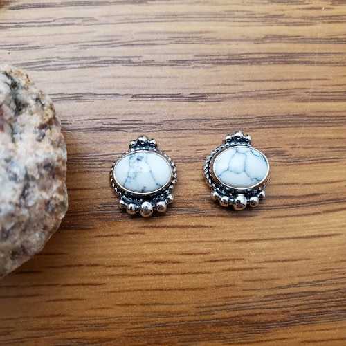 925forher Dainty White Buffalo Turquoise Stud Earrings White Etsy