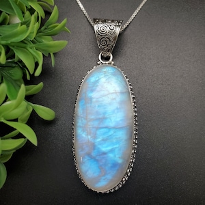 PLNT#198 | Unique Rainbow Moonstone Necklace Pendant With Silver Chain Necklace | Big 12mm Bail Sterling Silver Rainbow Moonstone Pendant