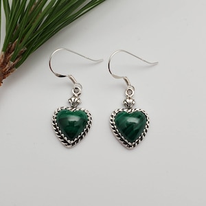 Dainty Green Malachite Earrings  | Malachite Dangle Earrings | Sterling Silver Earrings | Green Malachite Heart Earrings | Malachite Heart