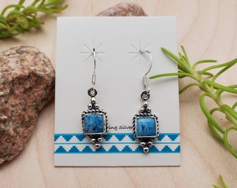 925ForHer Square Blue Denim Dangle Earrings | Denim Lapis Earrings | Sterling Silver Southwestern Jewelry | Dainty Blue Dangle Earrings