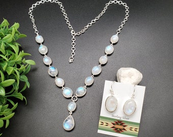 PLNT#342 | Unique Rainbow Moonstone Necklace Adjustable 14 To 19 Inches And Earrings Set | Sterling Silver Rainbow Moonstone Jewelry Set