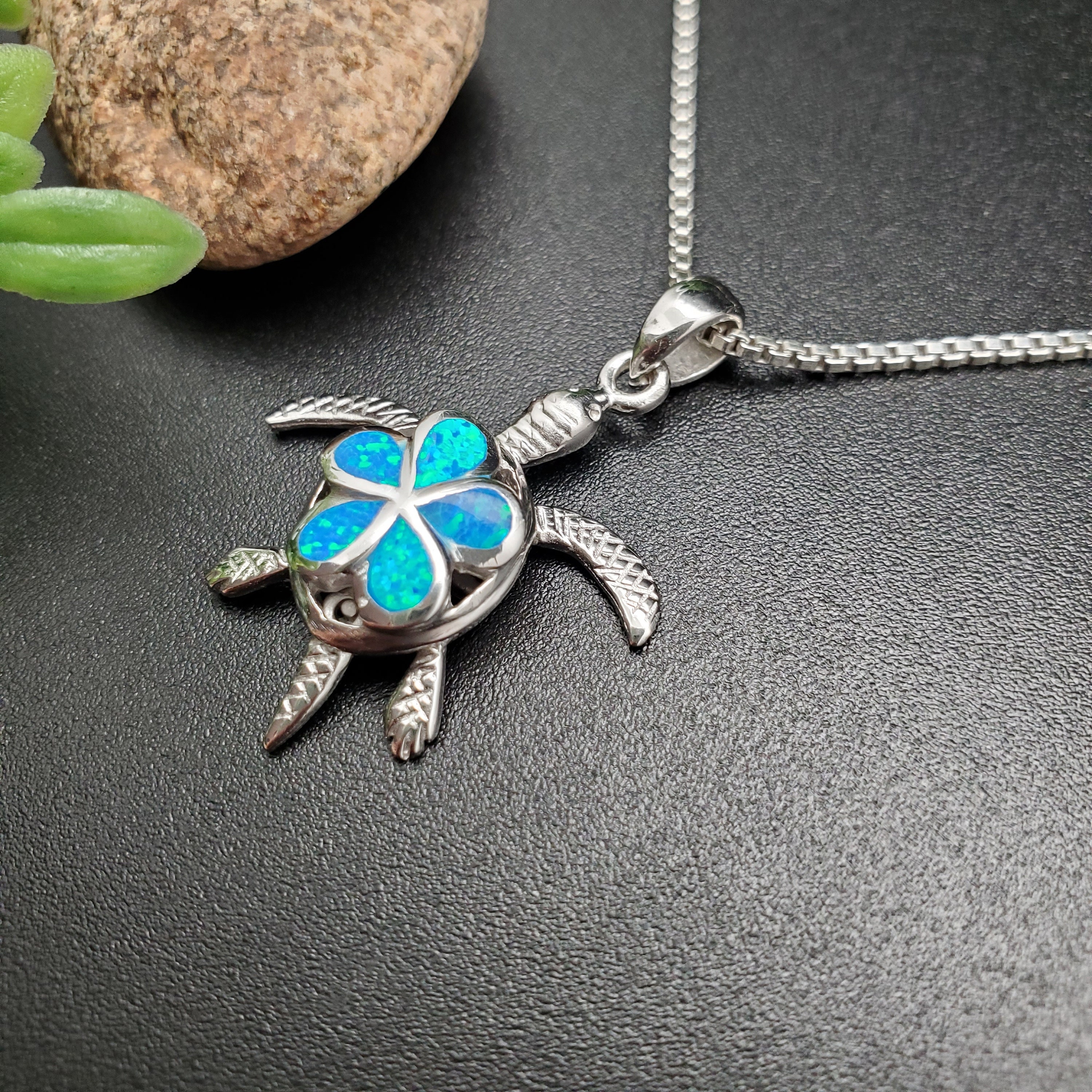 Sea Turtle Inlay TULU #92 | Big Blue Opal Inlay Sea Turtle Necklace Pendant With Silver ...