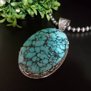 PLNT#01 | 144 Grams Huge Tibetan Turquoise Necklace Pendant With 8mm Navajo Pearl Beads Necklace 20 in | Very Rare Silver Turquoise Pendant