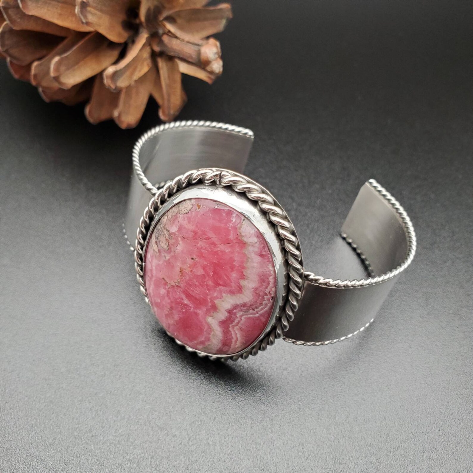 925ForHer Big Pink Stone Bracelet Cuff Rhodochrosite Etsy