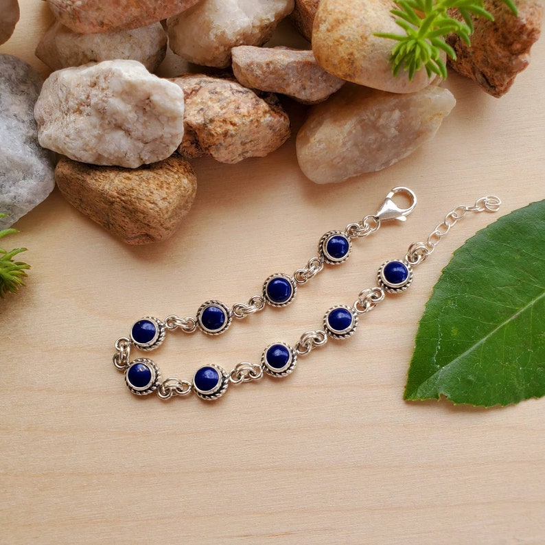 Blue Lapis Link Bracelet 7.25 With 1 Chain Extension 925ForHer Small Blue Lapis Bracelet Link Sterling Silver Bracelet Made in USA