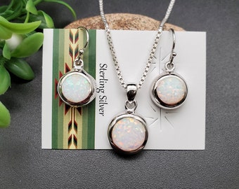 TULU #147 | Dainty White Opal Round Drop Necklace Pendant, Matching Earrings Set | Sterling Silver White Opal Jewelry | Opal Jewelry Set