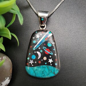 SFH #213 | Multicolor Unique Inlay Pendant Option Silver Chain | Sterling Silver Inlay Galaxy Pendant | Universal Earth Moon Star Pendant