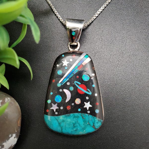 SFH #213 | Multicolor Unique Inlay Pendant Option Silver Chain | Sterling Silver Inlay Galaxy Pendant | Universal Earth Moon Star Pendant