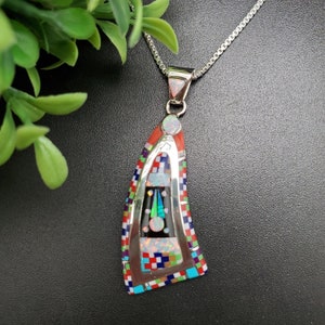 TT #22 Beautiful Multicolor Curve Inlay Pendant With Silver Box Chain | Sterling Silver Colorful Southwest Pendant | Southwest Pendant