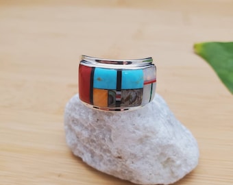 925ForHer Unisex Inlay Ring #307 | Southwest Pueblo Ring Size 8 3/4 US | Sterling Silver Inlay Multicolor Ring | Colorful Pattern Inlay Ring