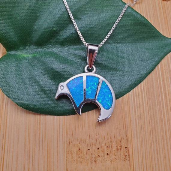 Southwest Blue Opal Inlay Zuni Bear Necklace Pendant With Silver