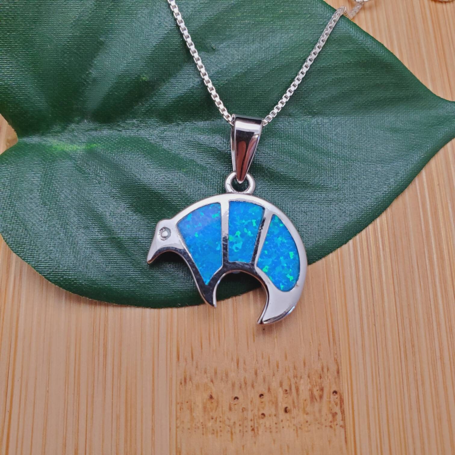 Dainty Blue Opal Bear Shape Necklace Pendant | Sterling Silver 