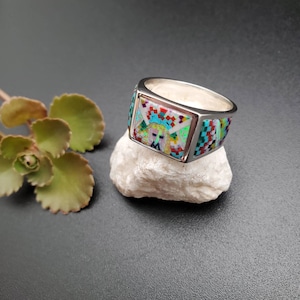 TT #R306 | Lovely Micro Inlay Southwest Ring Size 10 1/2 | Sterling Silver Multicolor Inlay Ring | Unique Designed Pattern Opal Inlay Ring
