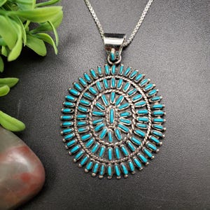 PLNT#316B | Large Zuni Petit Point Turquoise Necklace Pendant Options Silver Chain | Sterling Silver Petit Point | Cluster Turquoise Pendant