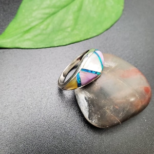 Inlay Ring #454 | Lovely Multicolor Inlay Southwest Ring Size 7 3/4 | Sterling Silver Inlay Multicolor Ring | Pattern Inlay Ring Gifts Ideas