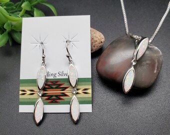 TULU #144 | White Opal Drops Necklace Pendant and Matching Earrings Set | Sterling Silver White Opal Jewelry | Free Shapes Opal Jewelry