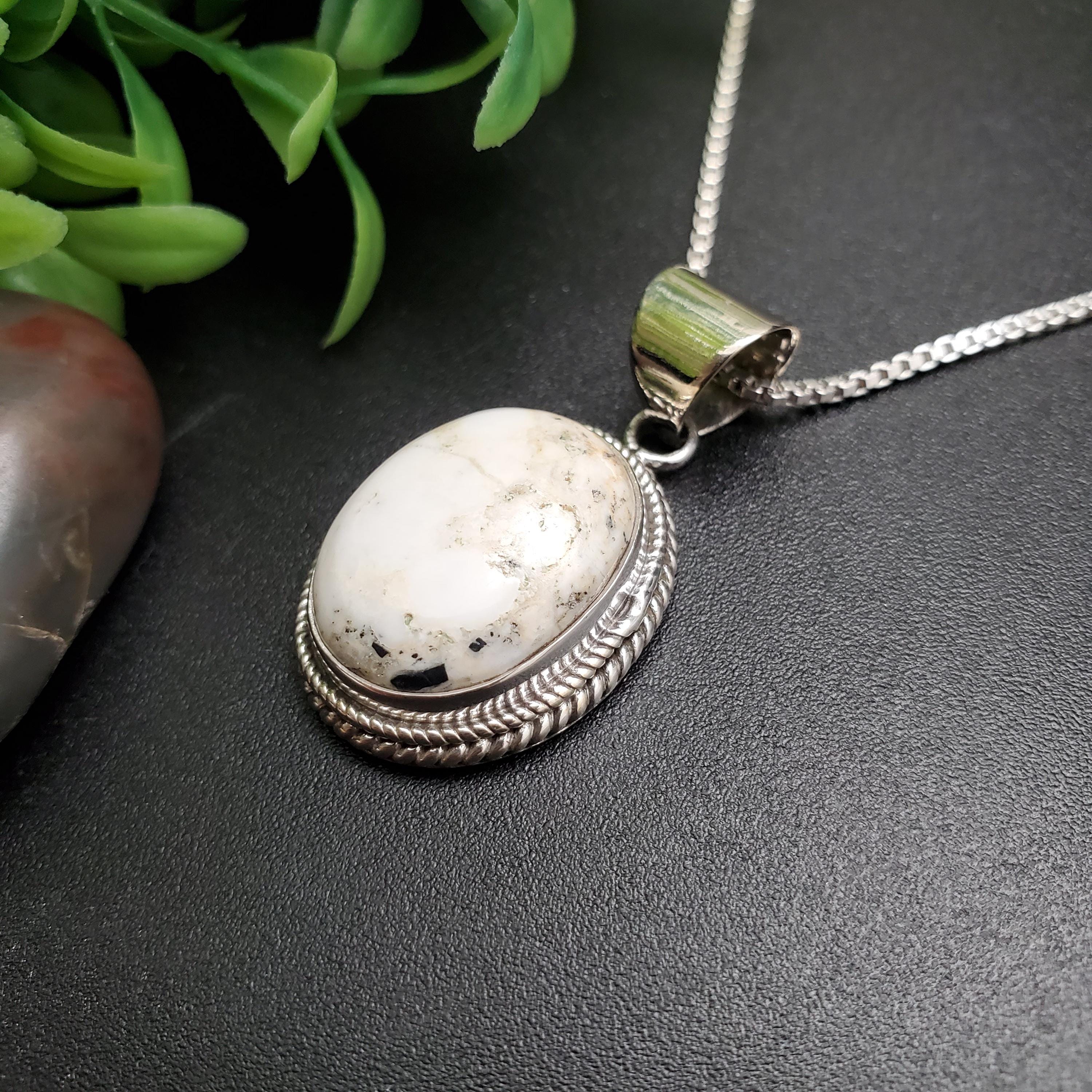 SFH #97 Unique White Buffalo Stone Necklace Pendant With Silver - Main Image