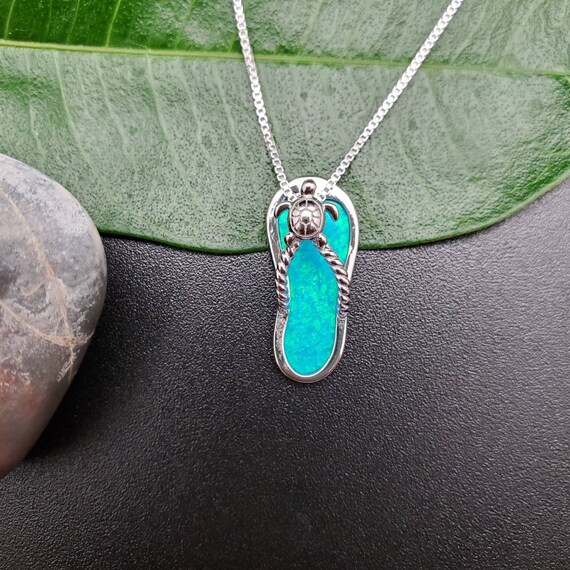 EMV 04 Dainty Blue Opal Inlay Flip Flop Necklace Pendant With Silver Chain Necklace Sterling Blue Opal Flip Flop Pendant Gift for Her Etsy