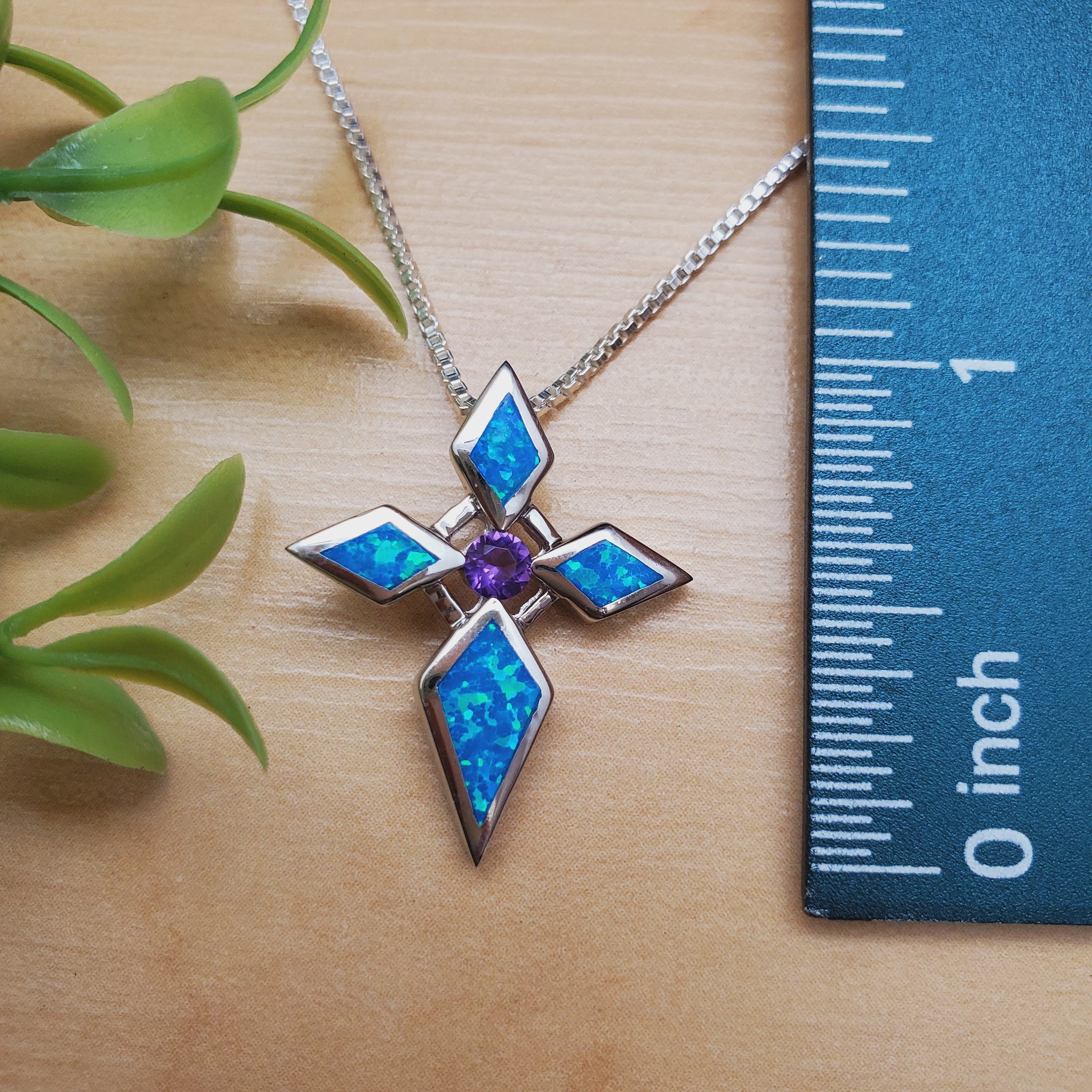 TULU 21 Inlay Fire Blue Opal Amethyst Cross Necklace Pendant With