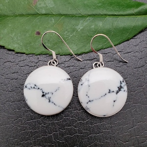 925ForHer Big White Buffalo Turquoise Dangle Earrings | Big Round White Turquoise Earrings | Sterling Silver Large White Buffalo Earrings