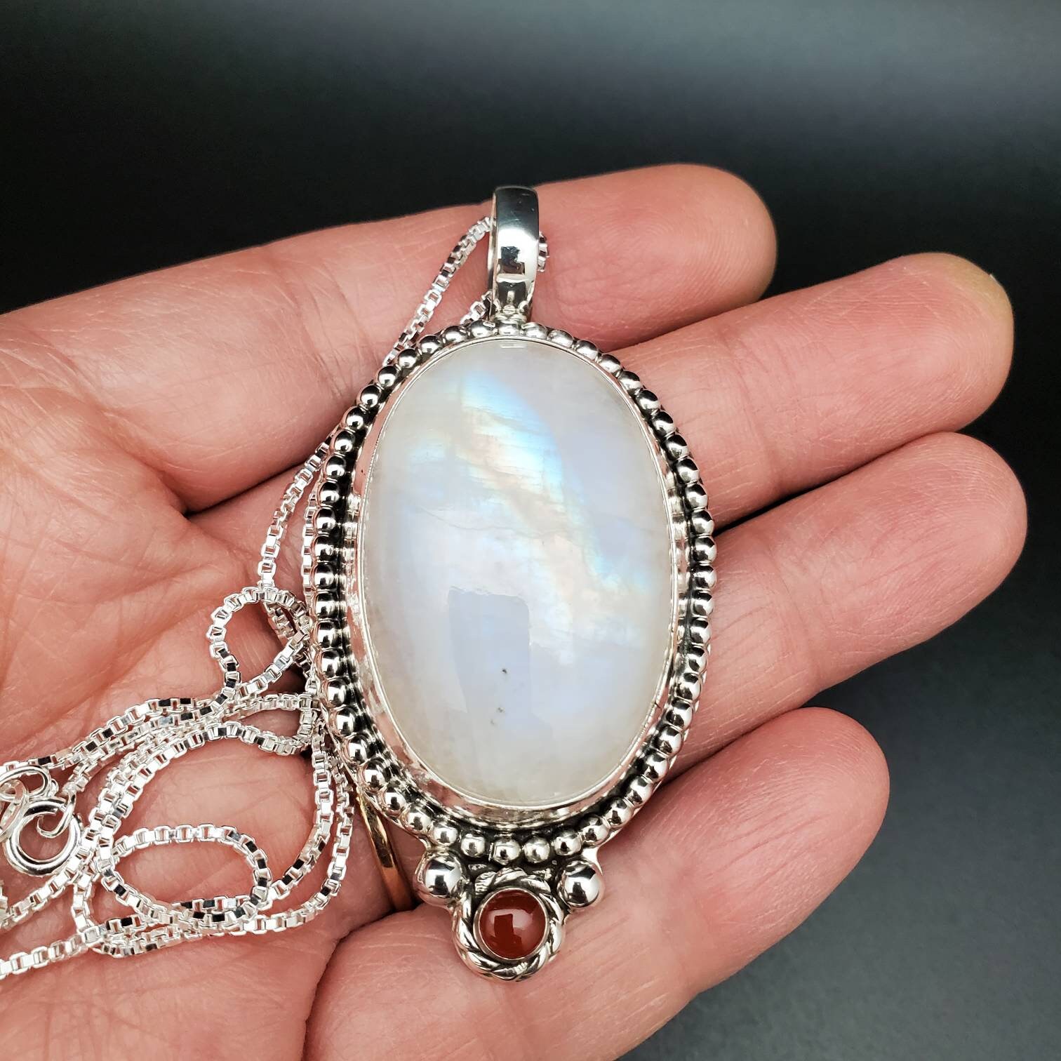 ☆ENGBROX☆ silver925 milky moonstone necklace EBNL25004SV Big Rainbow Moonstone Necklace Pendant With Silver Box Chain