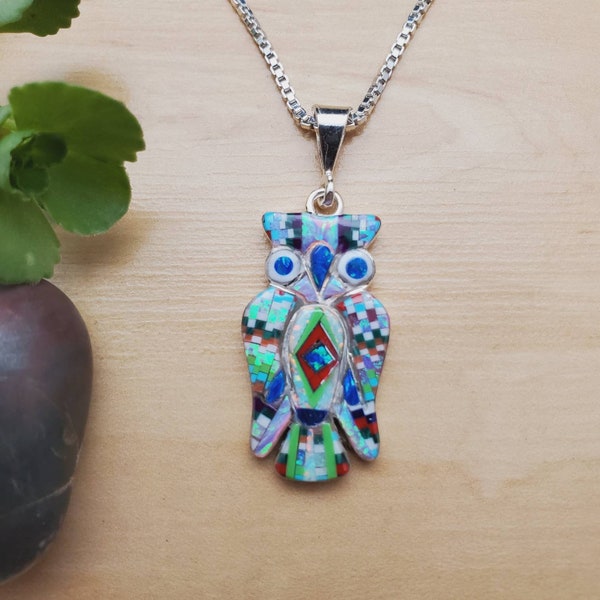 TT #105 Inlay Opal Multicolor Owl Necklace Pendant With Silver Chain 16 or 18 in | Sterling Silver Inlay Owl Pendant | Micro Inlay Bird