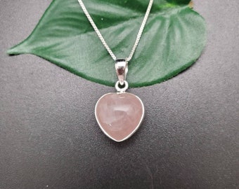 SC#01 Colgante de collar de corazón rosa con collar de cadena de plata / Colgante de collar de cuarzo rosa de plata esterlina / Regalos colgantes de 2 lados para ella