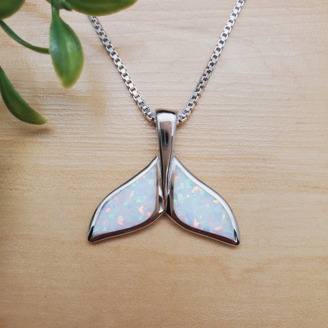 EMV #114 | Inlay White Opal Whale Tail Necklace Pendant With