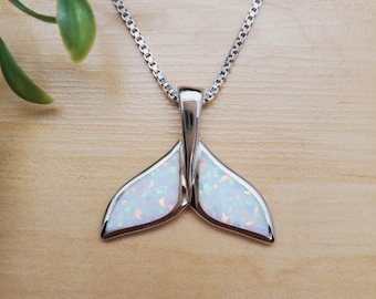 EMV #114 | Inlay White Opal Whale Tail Necklace Pendant With