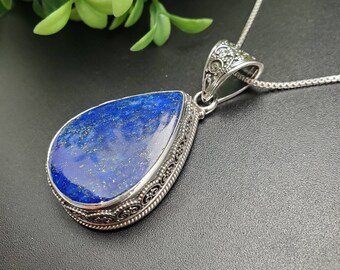 PLNT #192 / Colgante de collar de lapislázuli azul único con collar de cadena de plata / Colgante de lapislázuli de plata esterlina / Colgante de lapislázuli grande de 12 mm