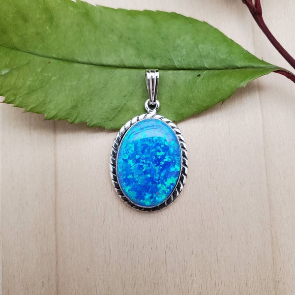 925ForHer Dark Blue Opal Necklace Pendant | Sterling Silver Pendant | Big Opal Pendant with a Small Attachable Bail | Fire Blue Opal Jewelry