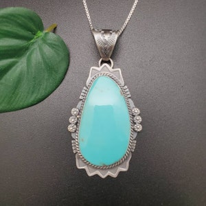 SFH #15 | Big Kingman Turquoise Necklace Pendant With Silver Chain Necklace | Sterling Silver Turquoise Southwest Pendant | Made in USA
