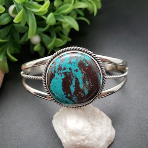 CW-010 | Tibetan Turquoise Bracelet Cuff | Sterling Silver Turquoise Cuff Bracelet | 25mm Round Turquoise Bracelet | Simple Cuff Made in USA