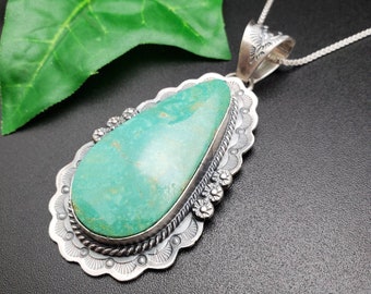 Big Turquoise #07 | Kingman Turquoise Necklace Pendant With Silver Chain Necklace | Sterling Silver Turquoise Southwest Pendant Made in USA