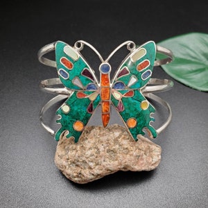 UH#85 | Multicolor Inlay Schmetterling Armband Manschette | Sterling Silber Grüner Chrysokoll Schmetterling Armband | Großer Schmetterling Armband