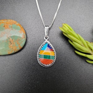 Lovely Teardrop Multicolor Inlay Necklace Pendant With Silver Chain Sterling Silver Multicolor Necklace | Multicolor Necklace | Made in USA