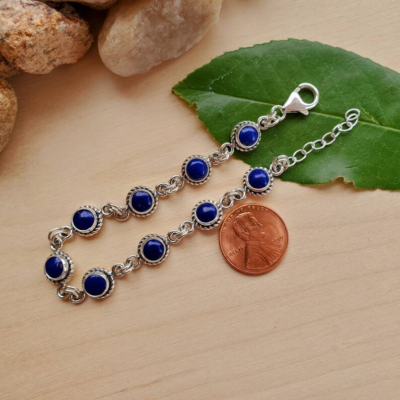 Blue Lapis Link Bracelet 7.25 With 1 Chain Extension 925ForHer Small Blue Lapis Bracelet Link Sterling Silver Bracelet Made in USA
